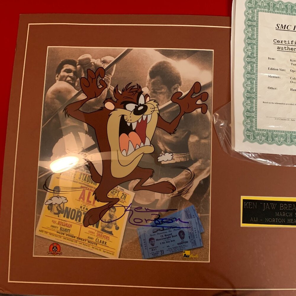 AUTOGRAPHED Ken Norton and Ali photo collage with taz Sericel Loony Tunes